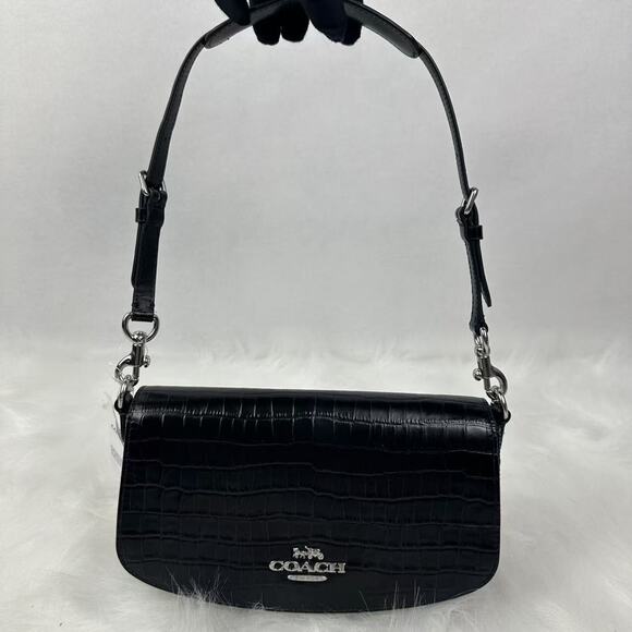 Coach Andrea Shoulder Bag In Crocodile-embossed Leather Black CT770 NWT - Picture 1 of 10